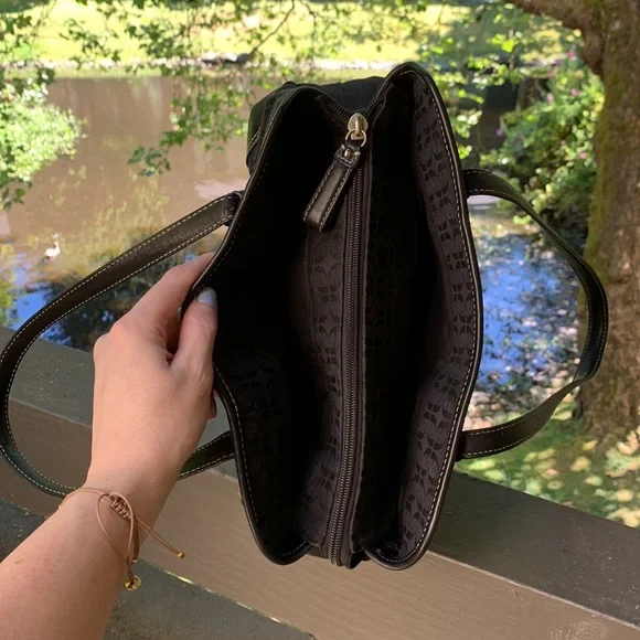 Vintage Fossil Shoulder bag large black leather canvas silver hardware Y2K - Picture 9 of 15